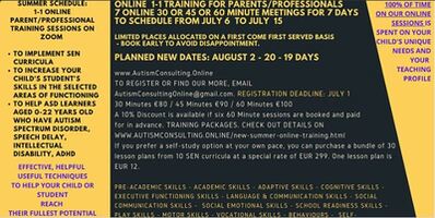 ASD - Parent/Professional Online 1-1 Training - July 6-15 - 7 meetings